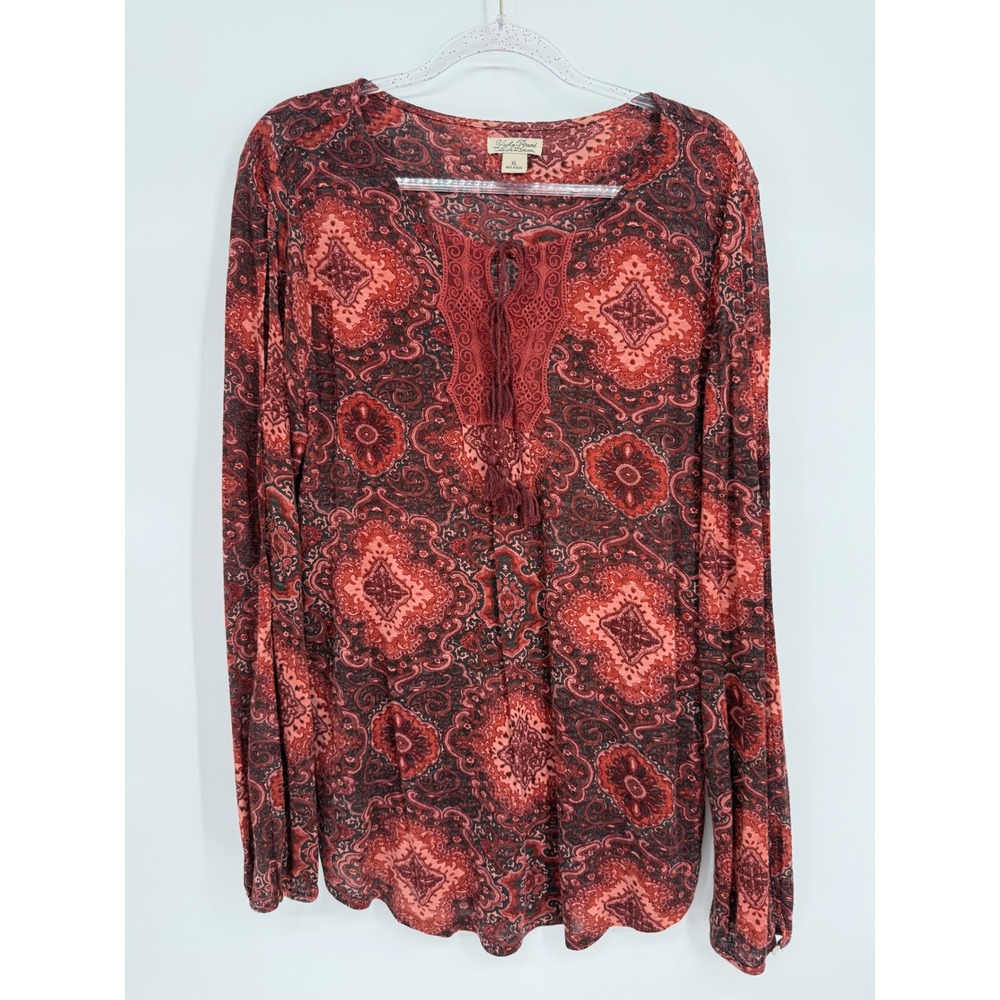 Lucky Brand Red Paisley Medallion Embroidered Tassel Peasant Top Sz XL